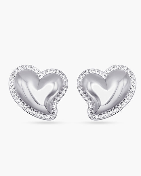 Heart-shaped silver earrings with clear gemstones on a white background