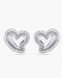 Heart-shaped silver earrings with clear gemstones on a white background
