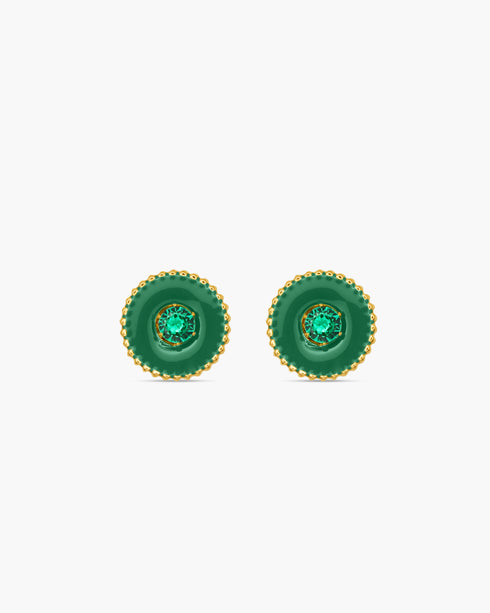 Pair of green earrings with gold accents on a white background