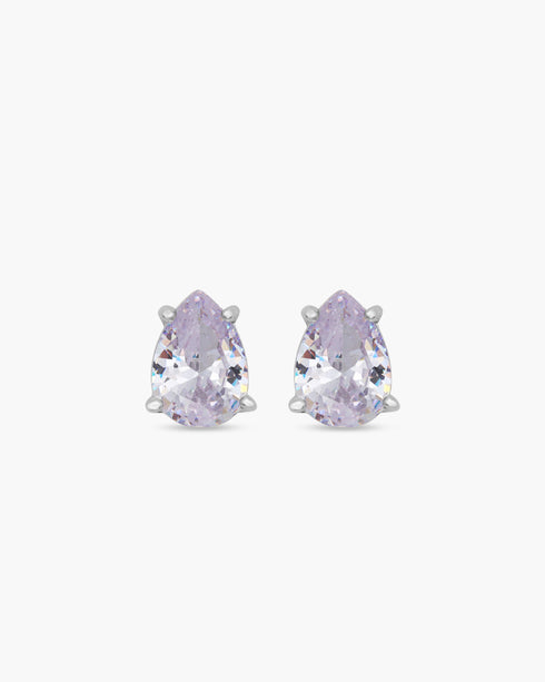 Pair of teardrop-shaped purple earrings on a white background