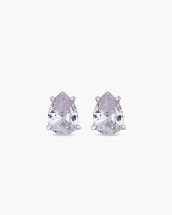 Pair of teardrop-shaped purple earrings on a white background