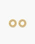 Gold circular earrings with embedded stones on a white background