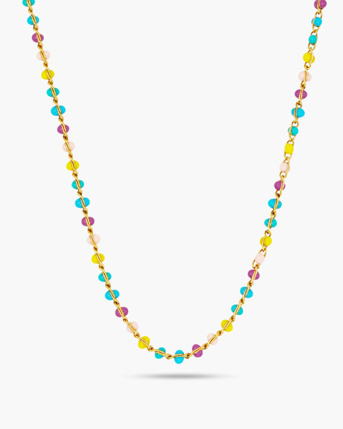Colorful beaded necklace on a white background