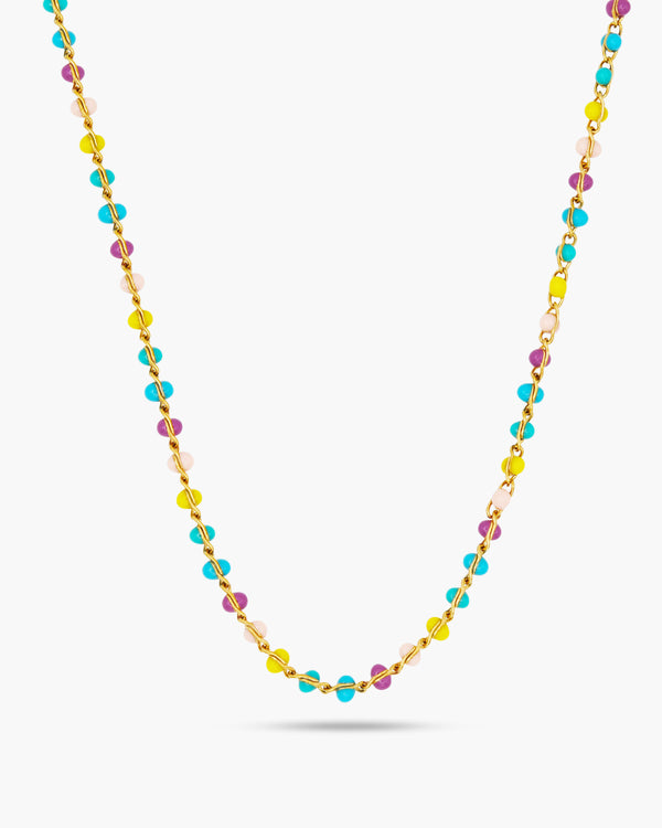 Colorful beaded necklace on a white background