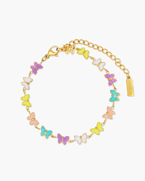 Gold bracelet with colorful butterfly charms on a white background