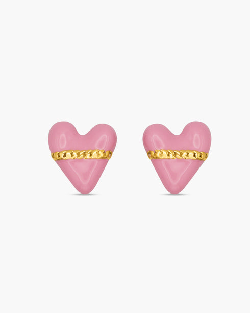Pink heart-shaped earrings with gold bands on a white background
