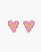 Pink heart-shaped earrings with gold bands on a white background