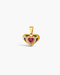 Heart-shaped gold pendant with a red gemstone on a white background