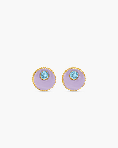 Pair of earrings with purple circular stones and gold accents on a white background