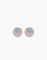Pair of earrings with purple circular stones and gold accents on a white background