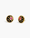 Pair of earrings with black and gold design on a white background