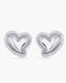 Heart-shaped silver earrings with clear gemstones on a white background