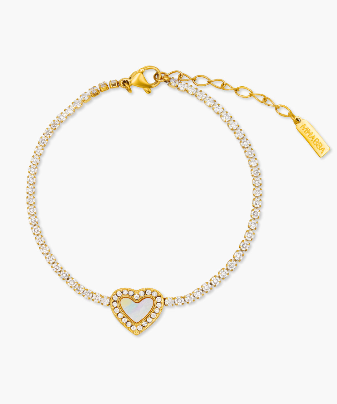 Gold bracelet with a heart-shaped charm on a white background