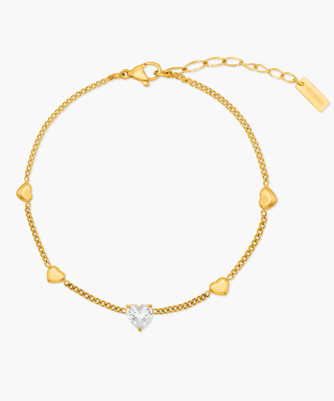 Gold bracelet with heart-shaped diamond on a white background