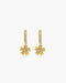 Gold flower-shaped earrings with clear stones on a white background