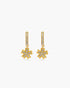Gold flower-shaped earrings with clear stones on a white background