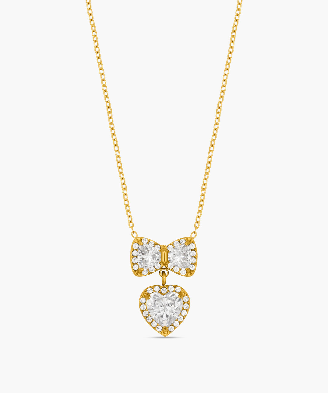 Gold necklace with heart-shaped pendants on a white background