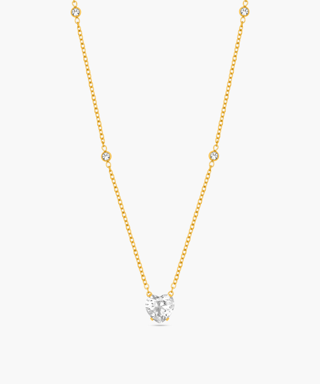 Gold necklace with a diamond pendant on a white background