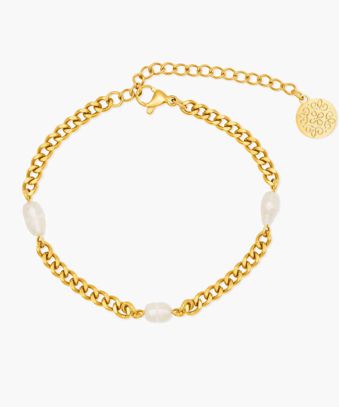 Gold chain bracelet with pearls on a white background