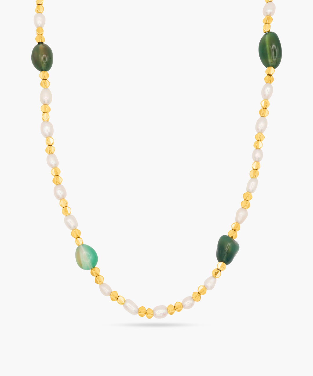 Necklace with green and gold beads on a white background