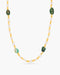 Necklace with green and gold beads on a white background