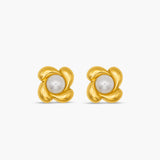 Pair of gold earrings with pearl centers on a white background
