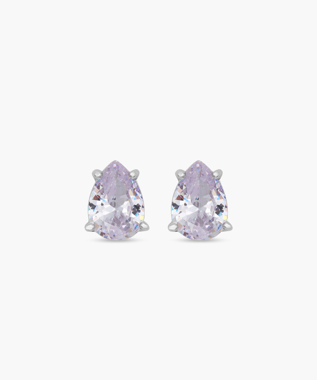 Pair of teardrop-shaped purple earrings on a white background