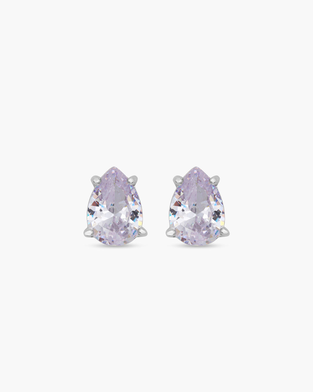 Pair of teardrop-shaped purple earrings on a white background
