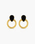 Gold hoop earrings with black gemstones on a white background