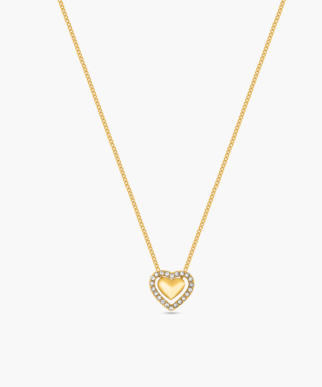 Gold necklace with a heart-shaped pendant on a white background