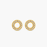 Gold circular earrings with embedded stones on a white background