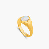 Gold ring with a central stone on a white background