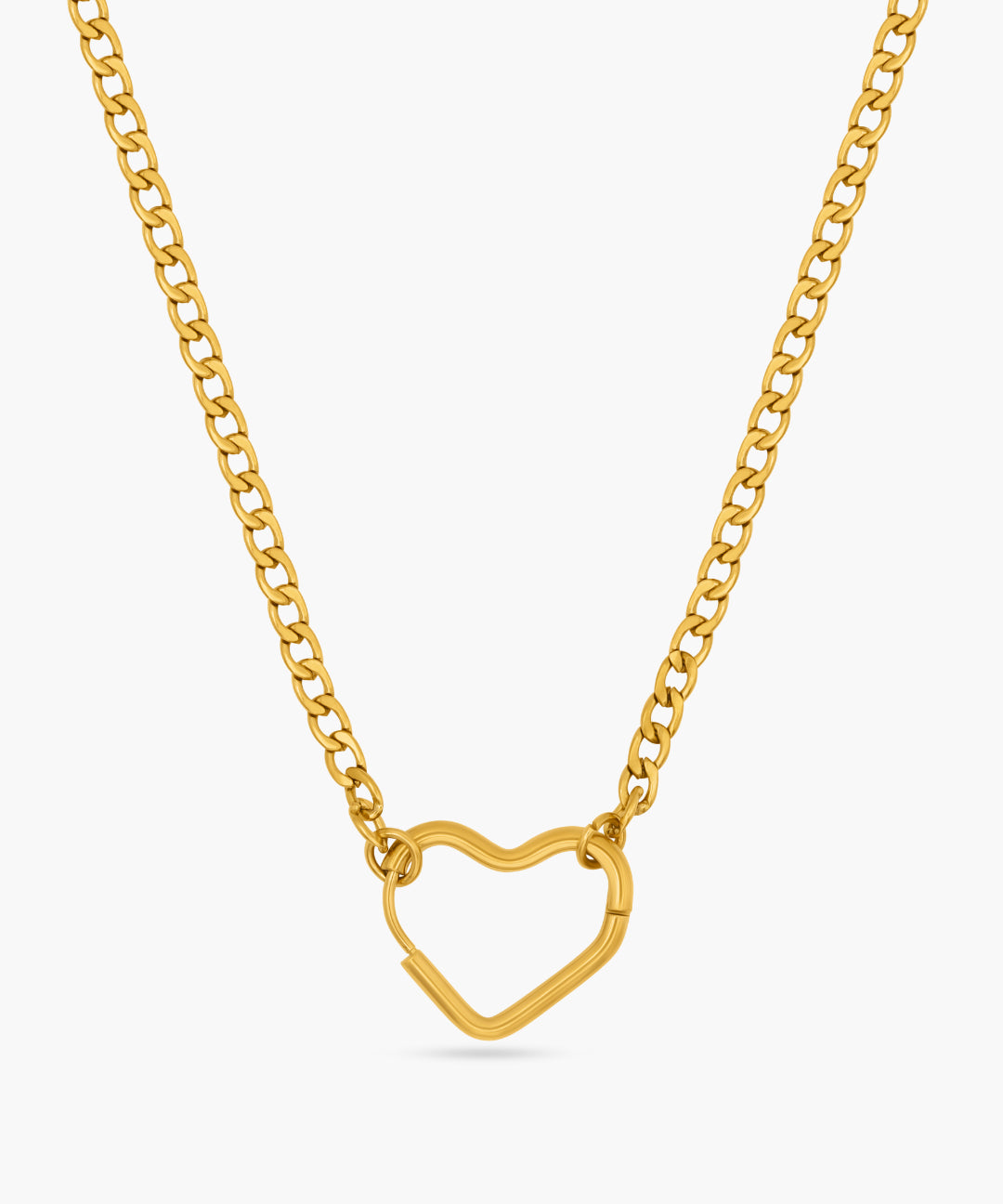 Gold heart-shaped pendant necklace on a white background