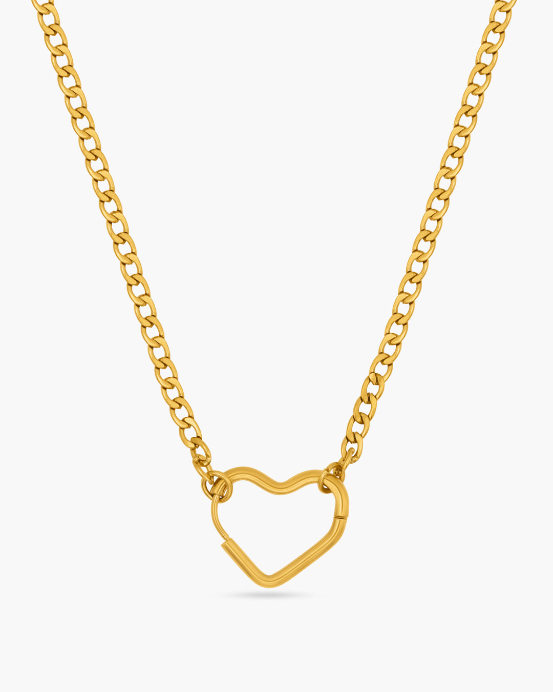 Gold heart-shaped pendant necklace on a white background