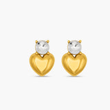 Gold heart-shaped earrings with clear gemstones on a white background