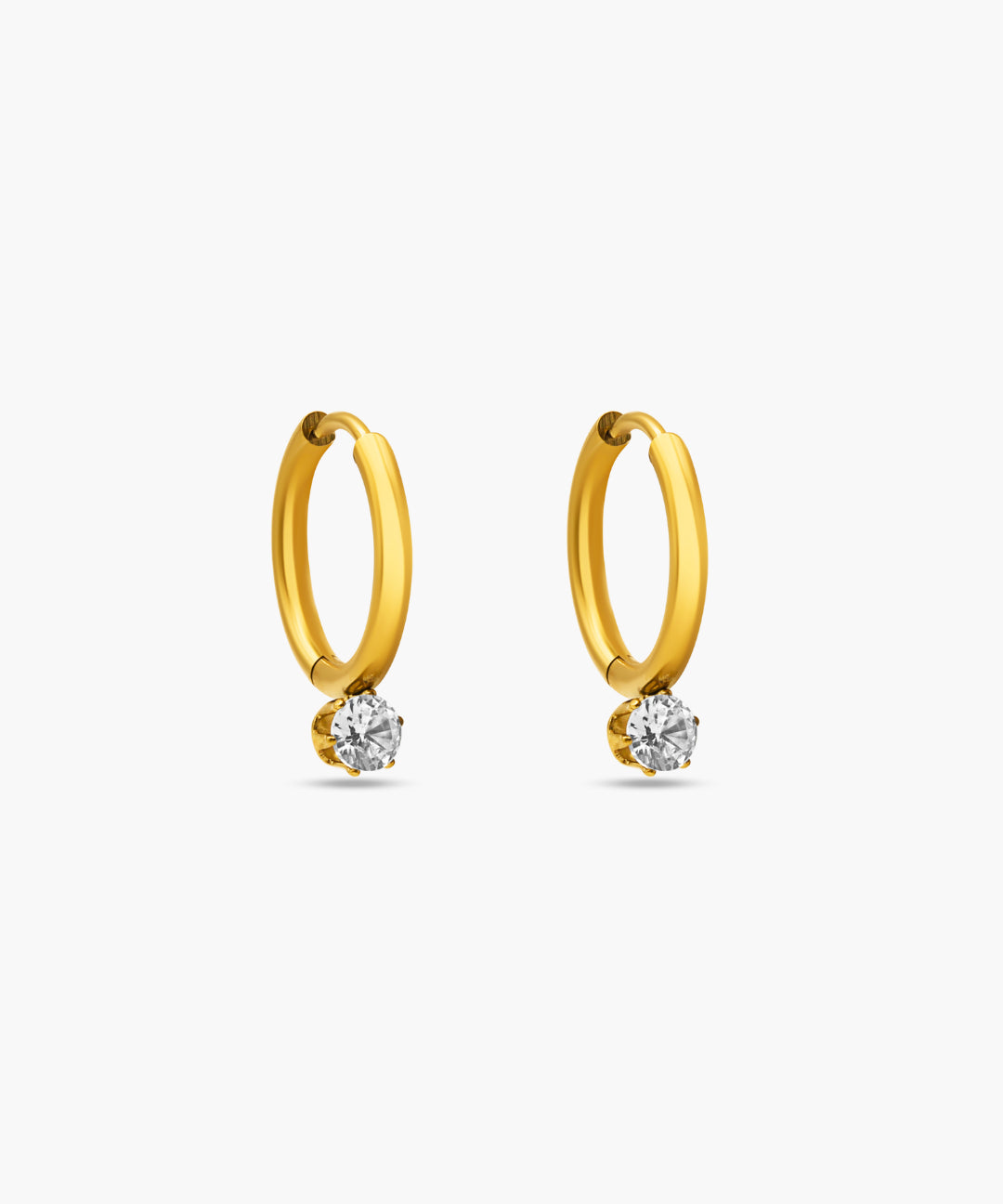 Gold hoop earrings with embedded diamonds on a white background