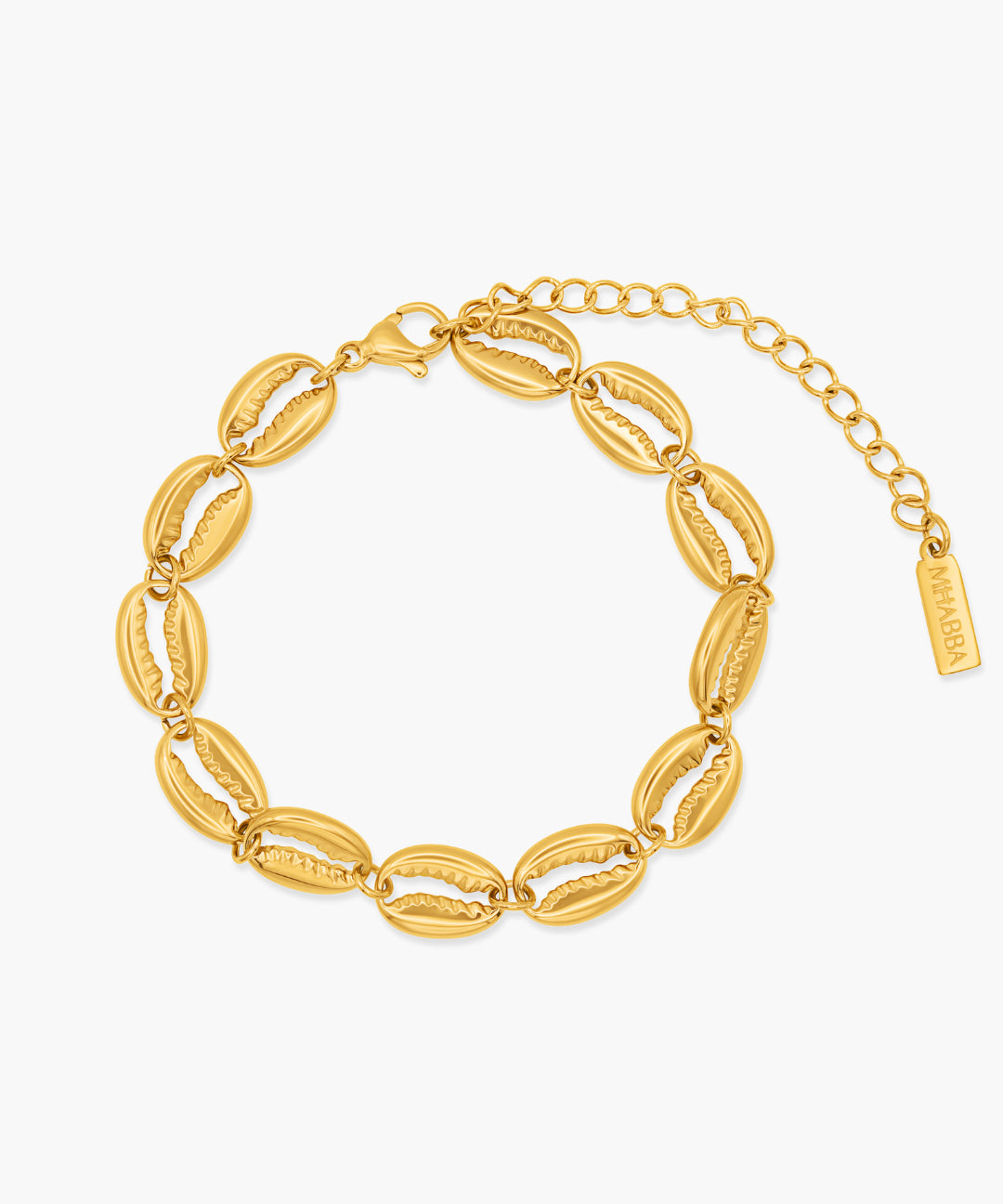 Gold bracelet with shell-like links on a white background