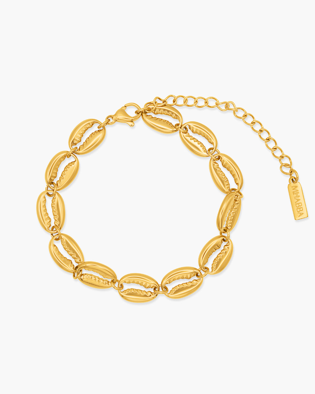 Gold bracelet with shell-like links on a white background