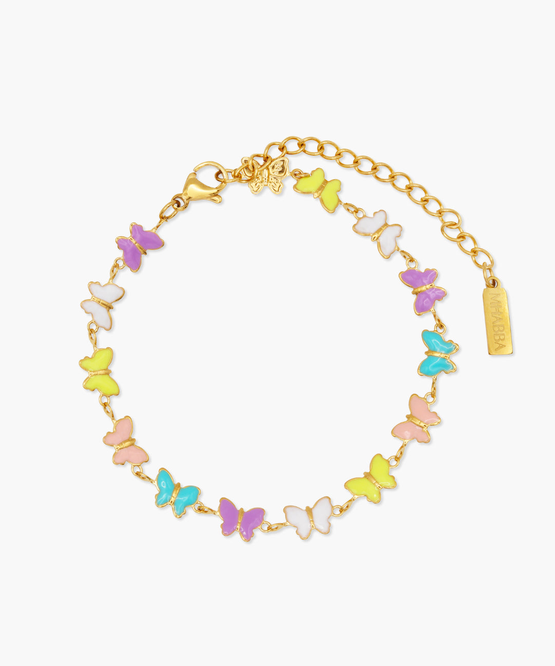 Gold bracelet with colorful butterfly charms on a white background