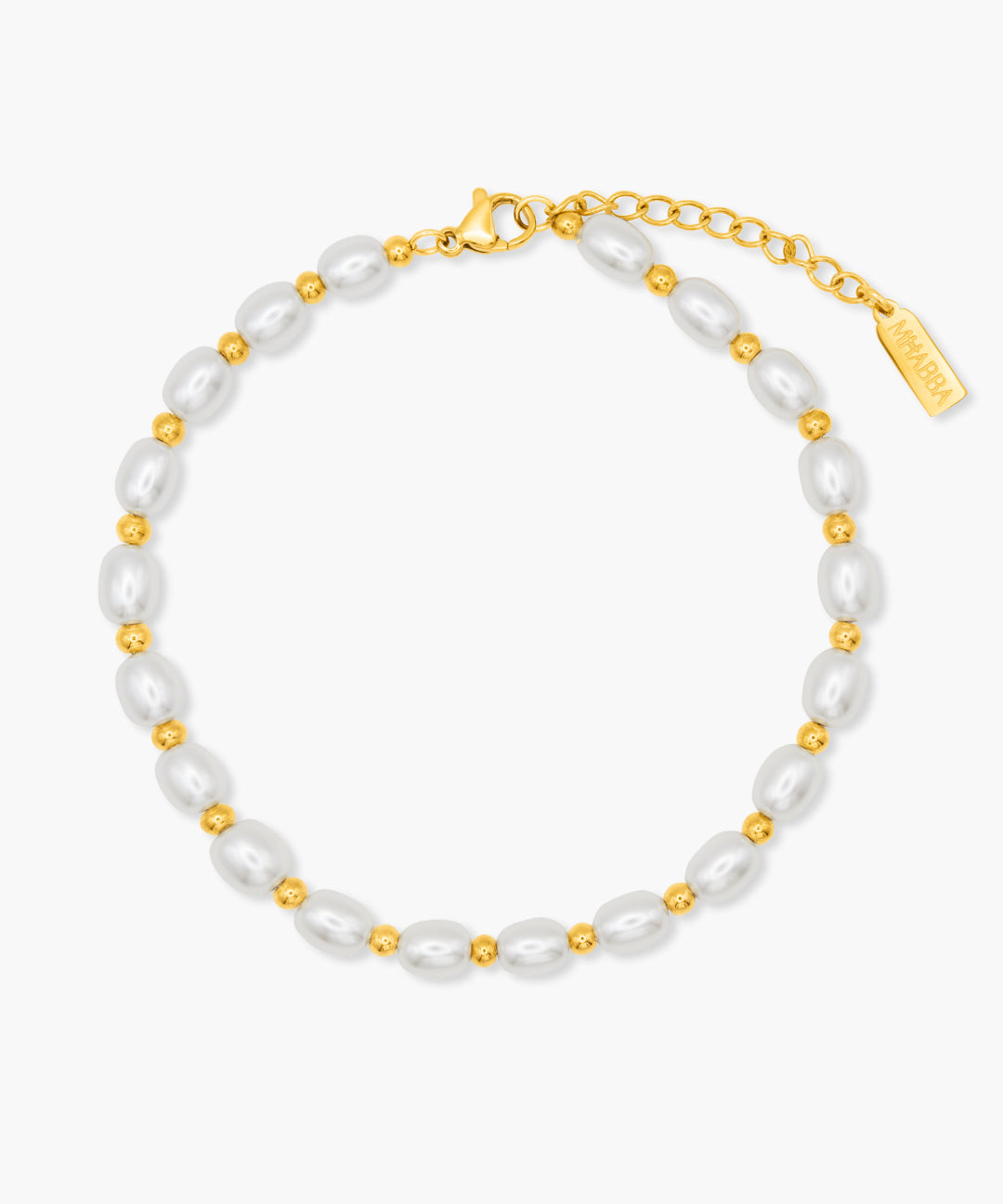 Pearl anklet with gold accents on a white background