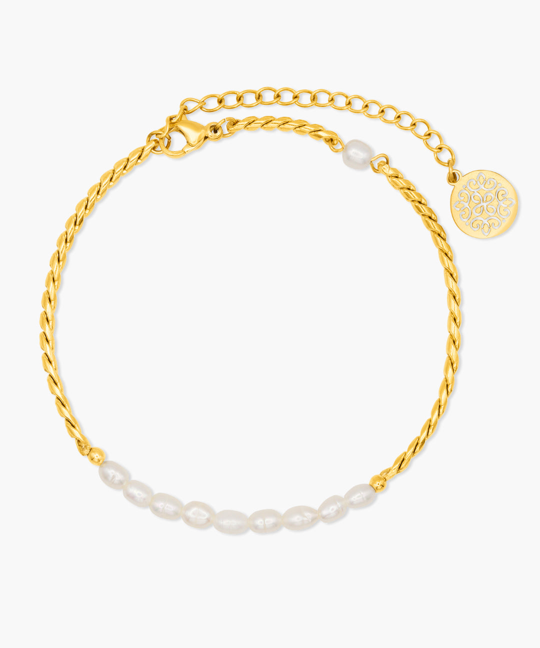 Gold anklet with pearl accents on a white background