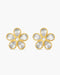 Gold flower-shaped earrings with clear gemstones on a white background