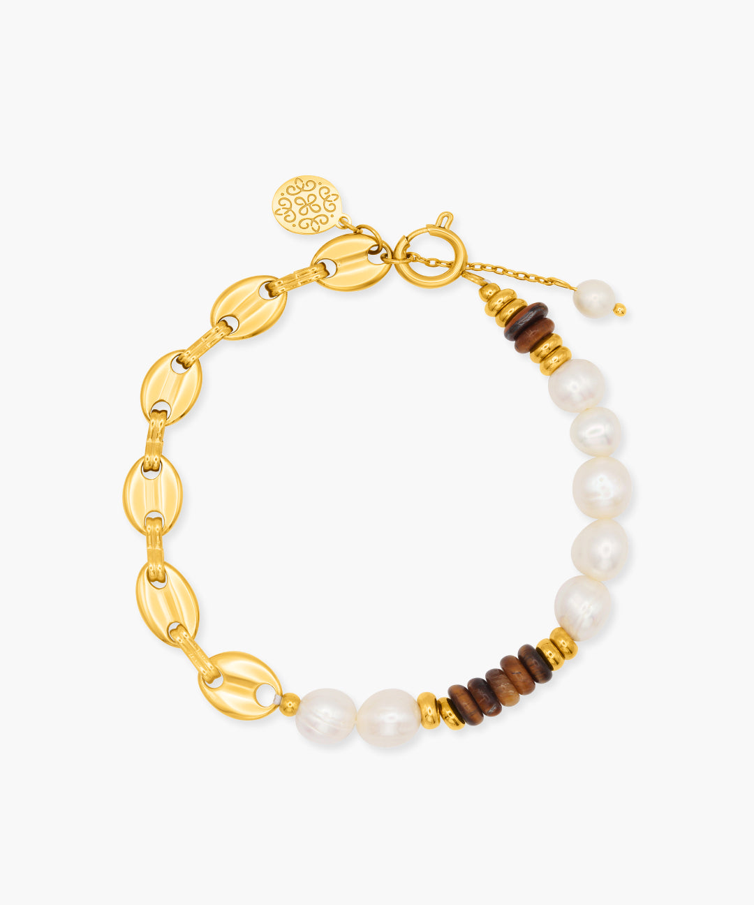 Gold bracelet with pearls and wooden beads on a white background