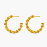 Pair of gold hoop earrings on a white background