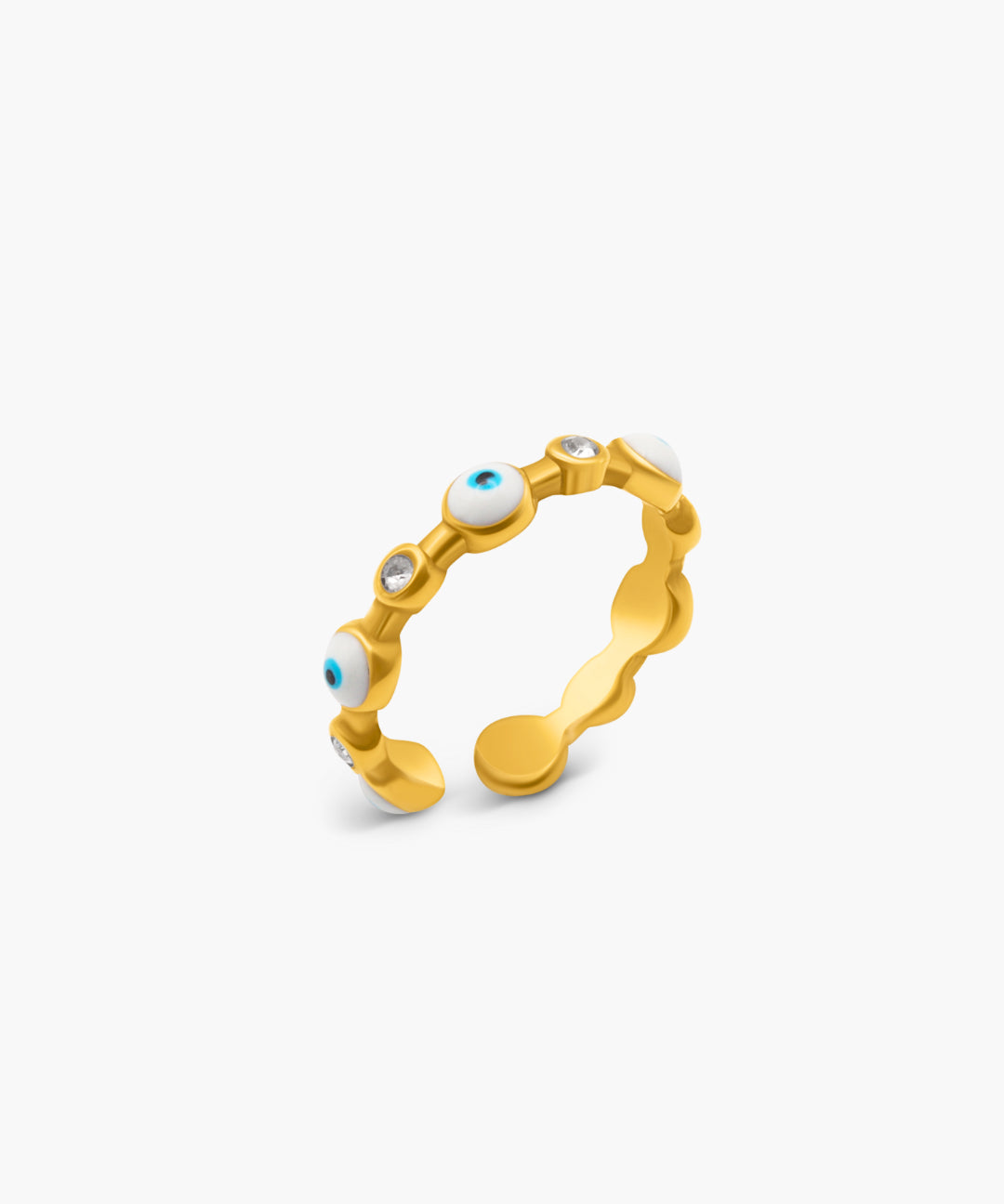 Gold ring with embedded stones on a white background