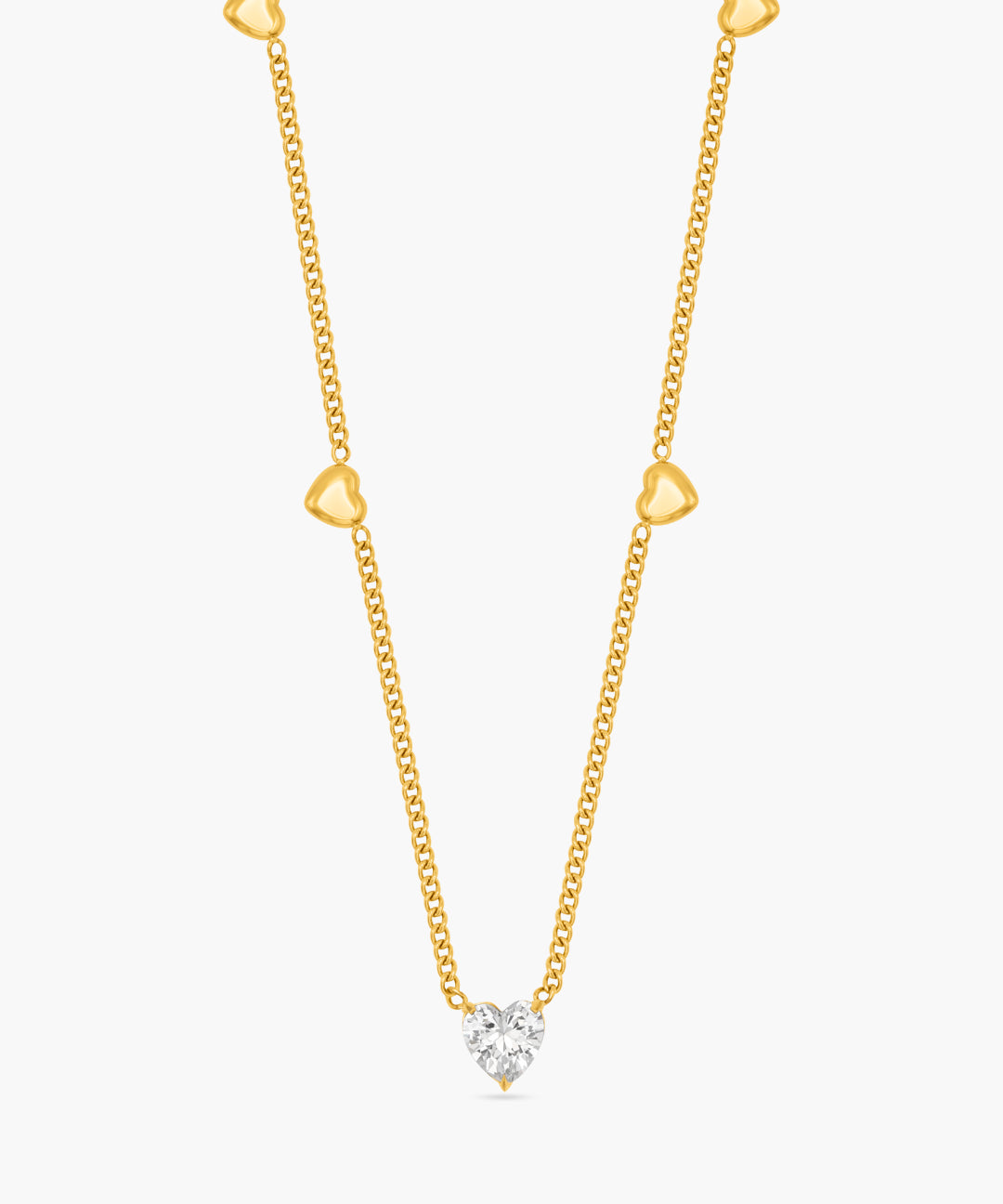 Gold necklace with a diamond pendant on a white background