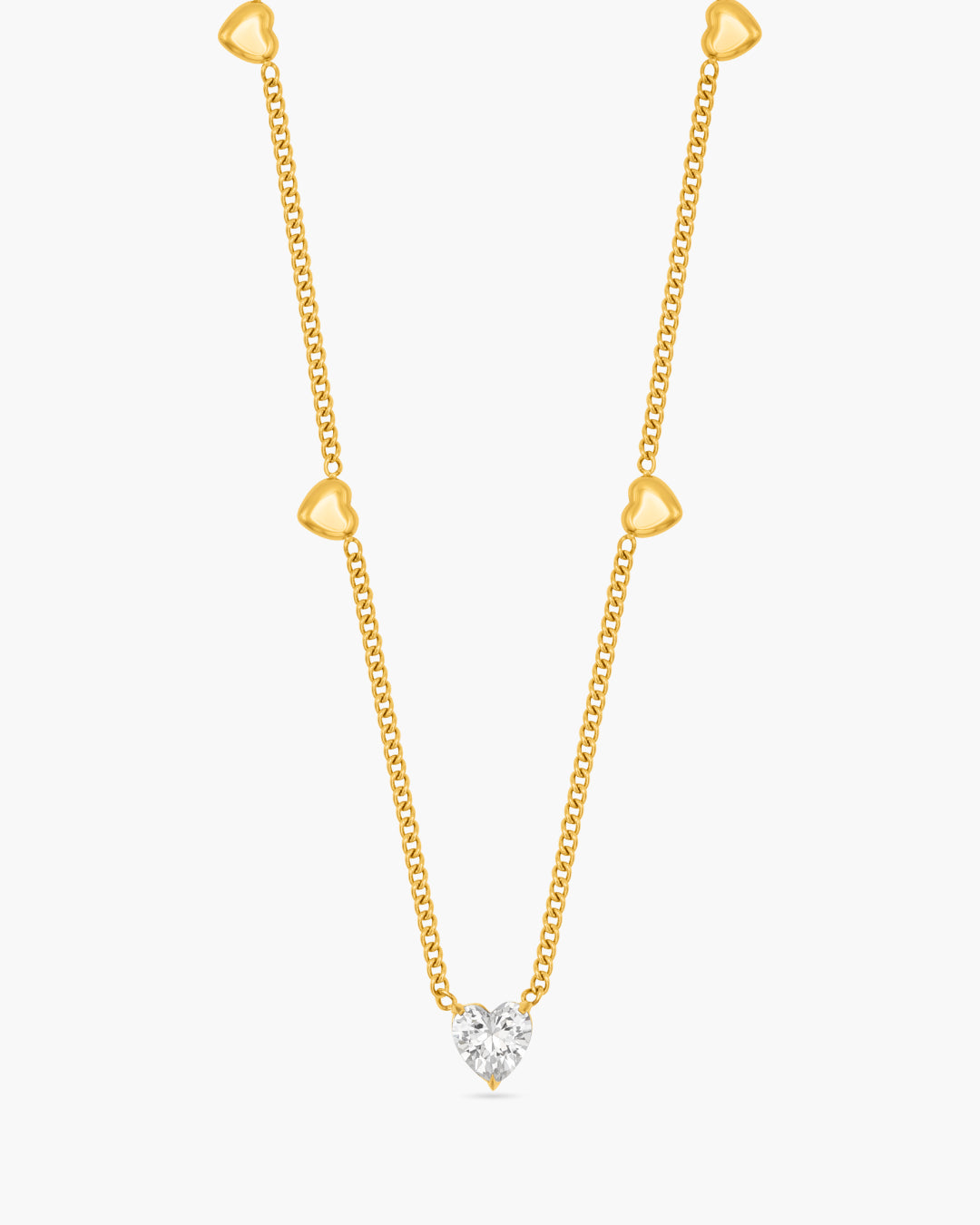 Gold necklace with a diamond pendant on a white background
