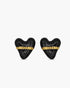 Black heart-shaped earrings with gold chains on a white background