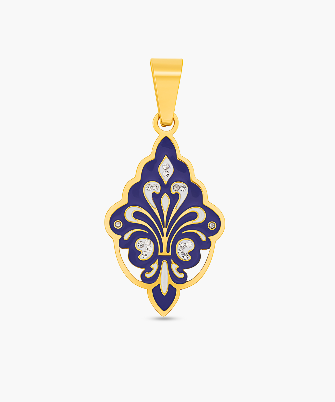 Gold and blue pendant with floral design on a white background
