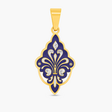 Gold and blue pendant with floral design on a white background